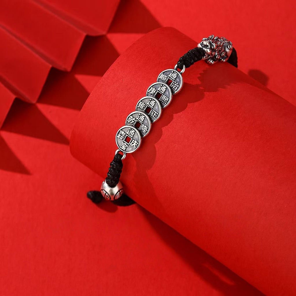 Fortune Lock – Pixiu Five Emperor Coins Silver Cord Bracelet