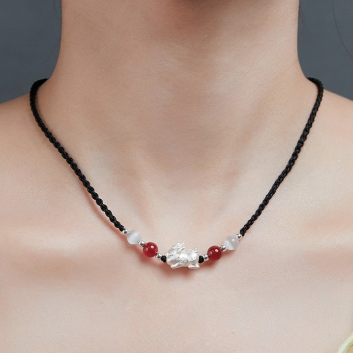 Pixiu Obsidian and Red Agate Braided Couple Necklace Set-Good Fortune Ahead