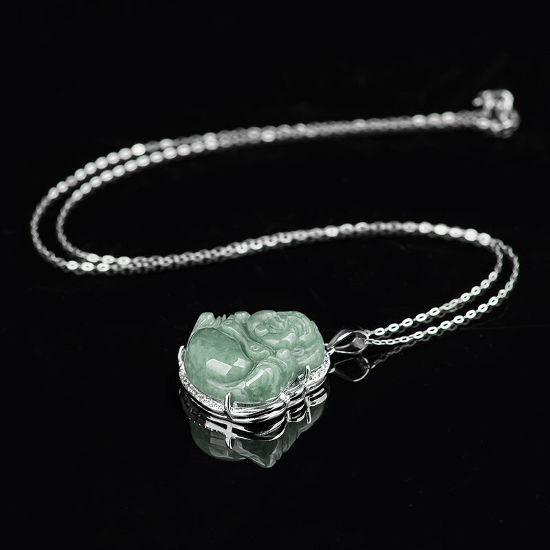 Grade A Jade Laughing Buddha Pendant – Women’s S925 Silver Mounted Bean-Type Jade Amulet