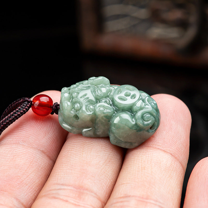 Natural Grade A Jadeite Pixiu Necklace-Hand Carved Wealth and Protection