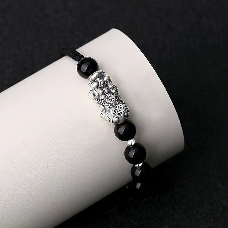 Black Obsidian 999 Silver Pixiu Bracelet-Attract Luck