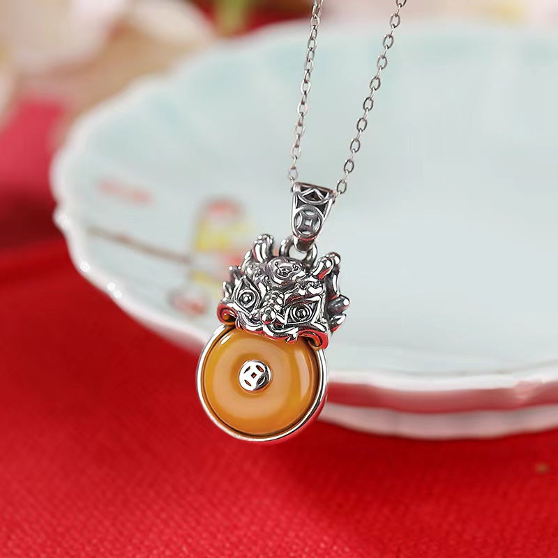 Zodiac Dragon Amber Silver Necklace-Luck Prosperity