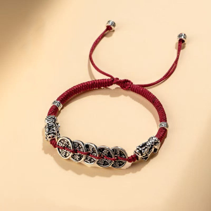 Five Emperors Coins Double Pixiu Red String Bracelet-Attract Luck