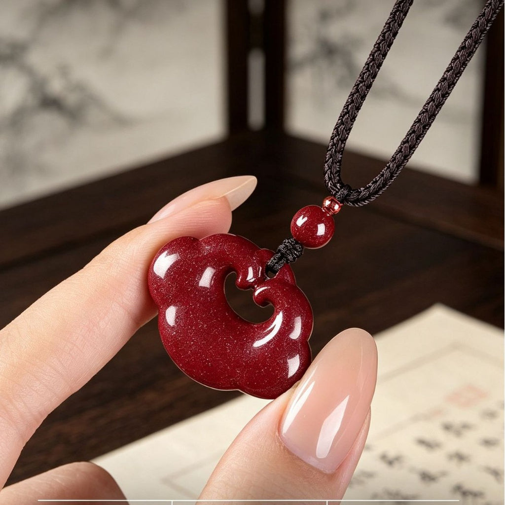 Red Cinnabar Ruyi Peace Lock Pendant Necklace-Peace Held Close