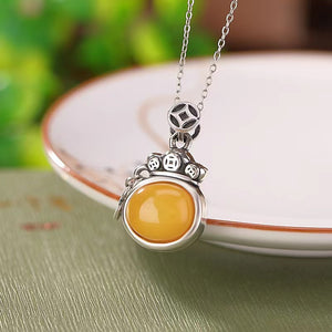 Yellow Amber Money Bag Silver Necklace-Luck Prosperity