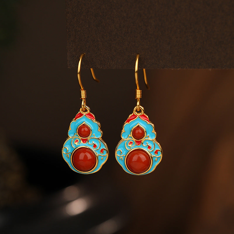 Gourd Red Agate Cloisonné Drop Earrings-Abundant Blessings