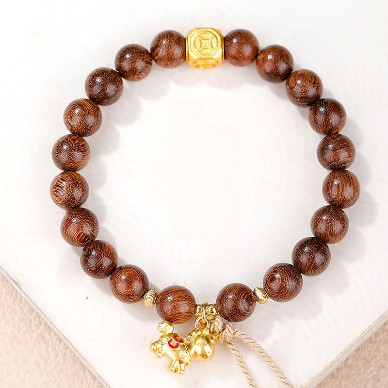 Silver-Plated Lucky Horse Gold Silk Sandalwood Bracelet-Courage into Abundance