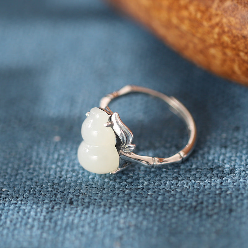 Nephrite Jade Gourd Bamboo 925 Sterling Silver Ring-Quiet Protection