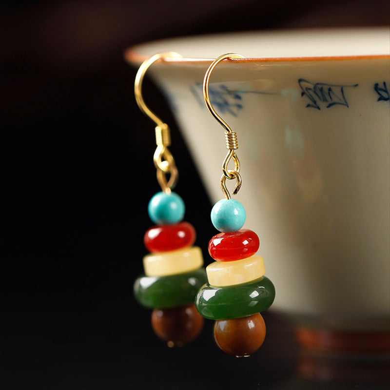 Hetian Jade Amber Five-Stone Earrings-Layered Harmony