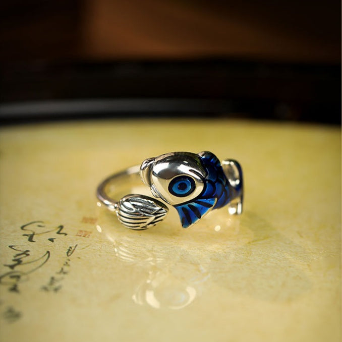 A Wish for Plenty-Koi & Lotus Enamel Silver Ring
