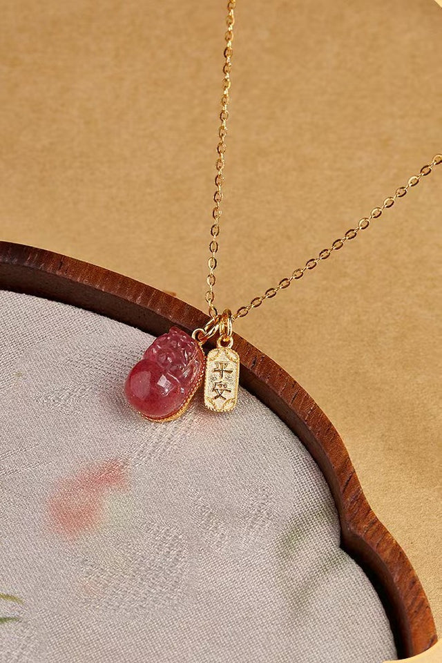 Strawberry Quartz Pixiu & Peace Amulet Pendant Necklace -Attract Luck& Peace