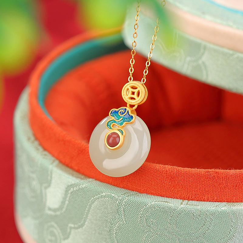 Fortune in the Clouds-White Nephrite Jade Coin Pendant Necklace