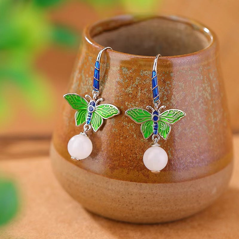 Natural Jade Cloisonne Butterfly Earrings-Peace and Harmony