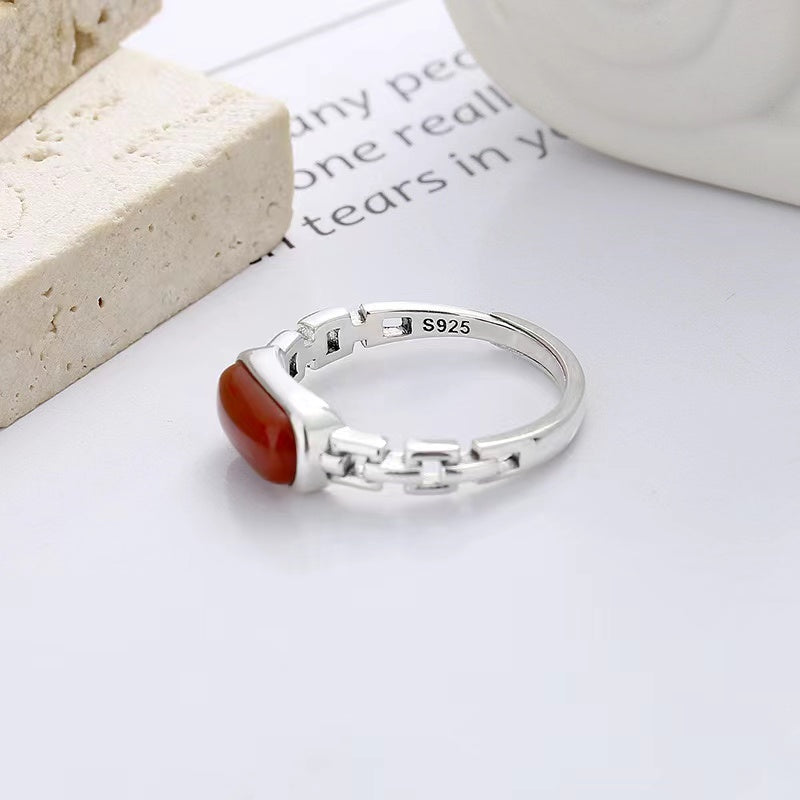 Red Agate Vintage Silver Ring-Luck Prosperity