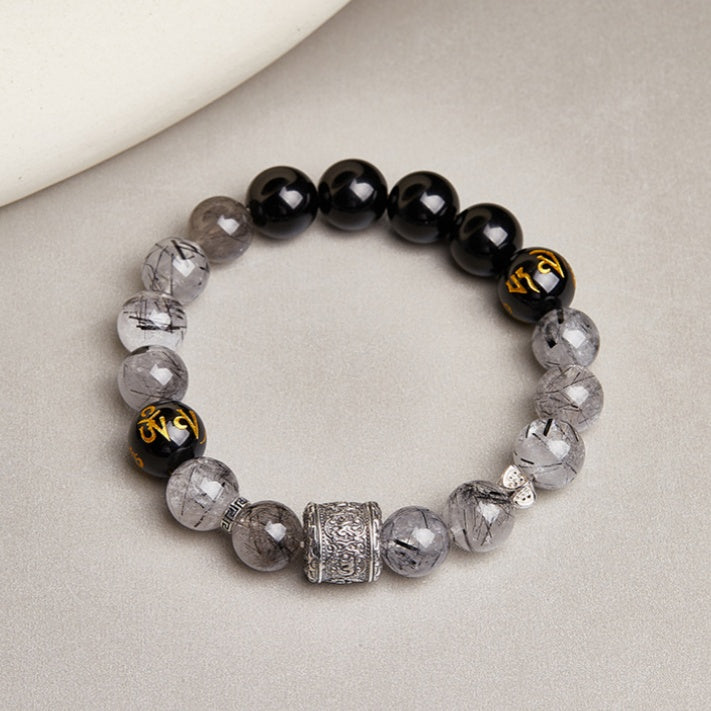 Six-Word Mantra Black Agate & Quartz Beaded Bracelet-Inner Calm