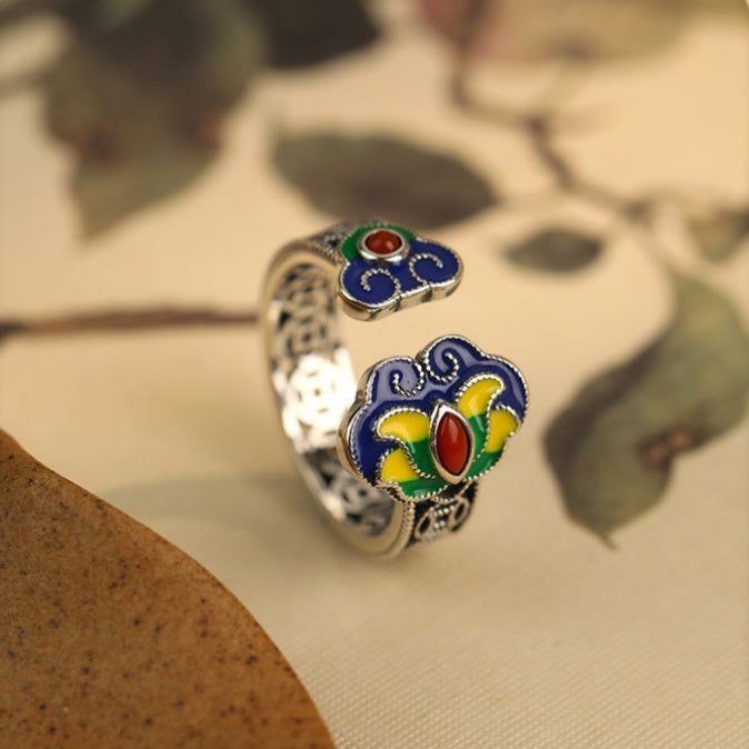 Enamel Ruyi Cloud Agate S925 Silver Adjustable Ring-Graceful Blessings