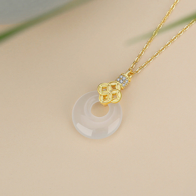Peace Disc and Clover Chalcedony Necklace-Peace and Good Fortune