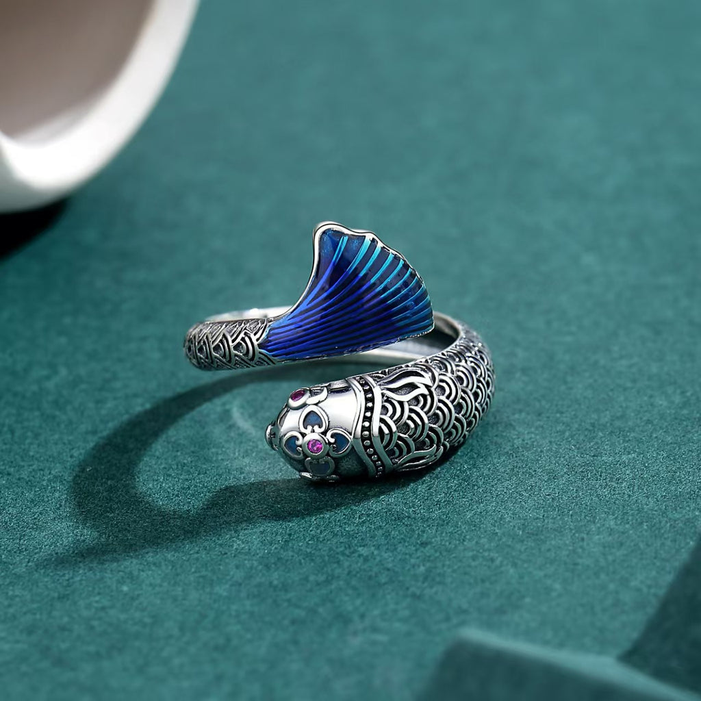Cloisonné Koi Fish Ring – Sterling Silver Enamel Lucky Ring for Wealth and Prosperity