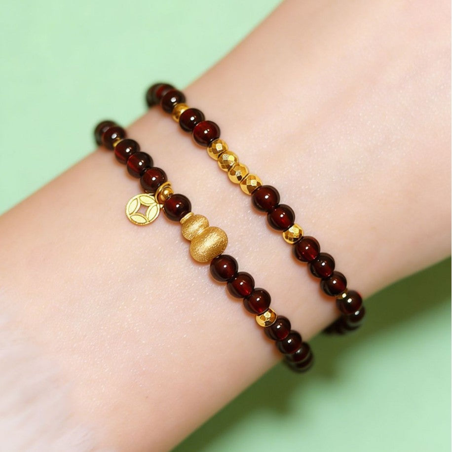 Fortune Blessing Garnet Double Wrap Bracelet-18K Gold-Plated "Hulu" Gourd Charm