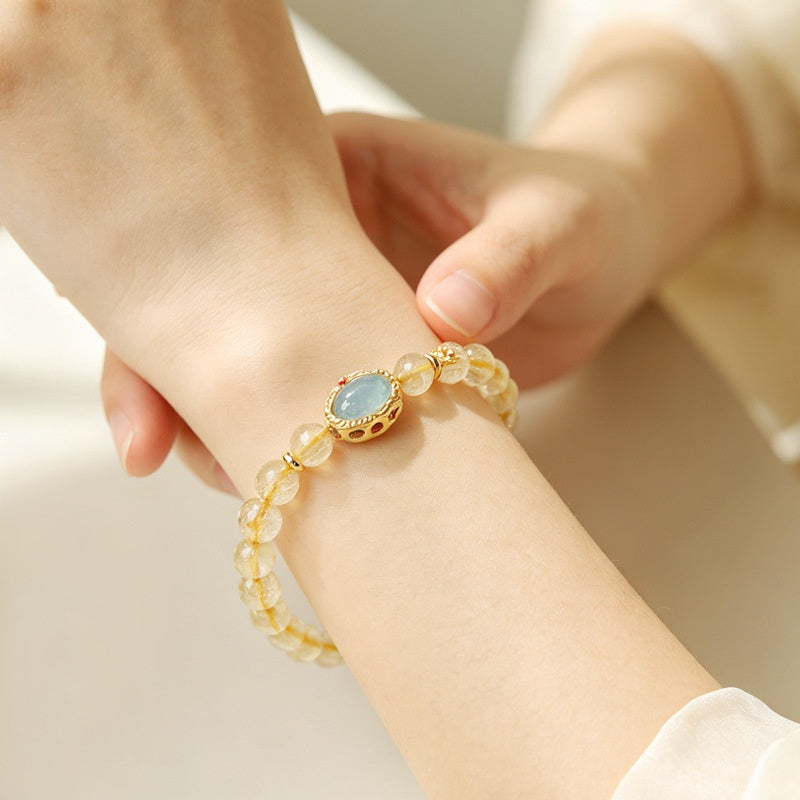 Blue-Water Jadeite Auspicious Cloud Golden Rutilated Quartz Bracelet-Steady Clarity