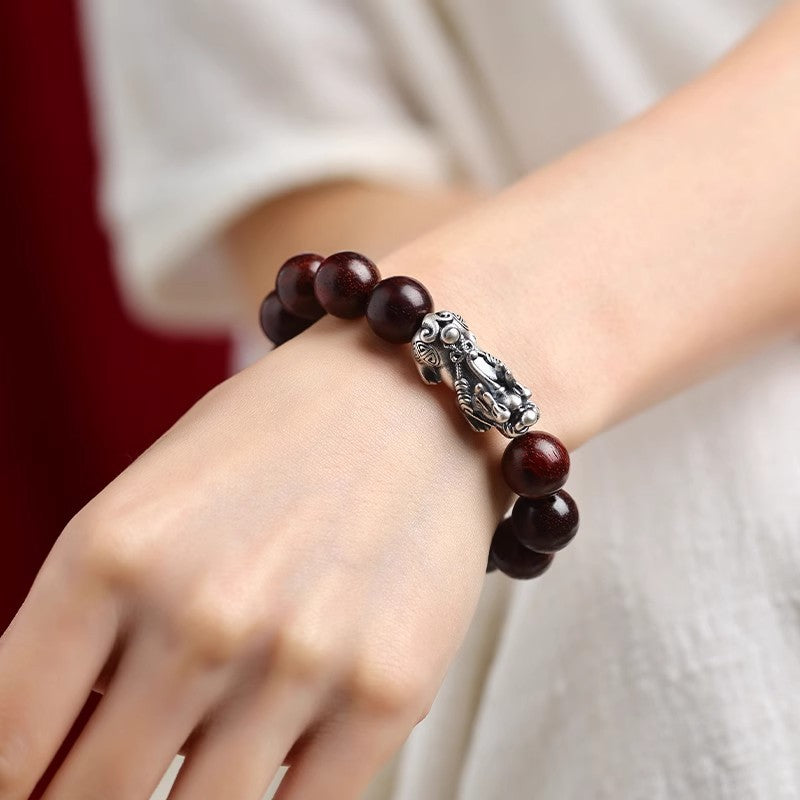 Silver Pixiu Bracelet with Rosewood & Hetian Jade-Prosperity Guardian