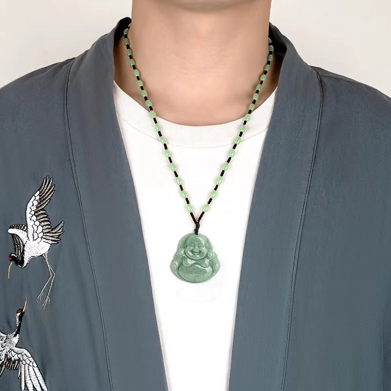 Laughing Buddha  Jade Pendant-Beaded Rope Chain-Grade A Jade