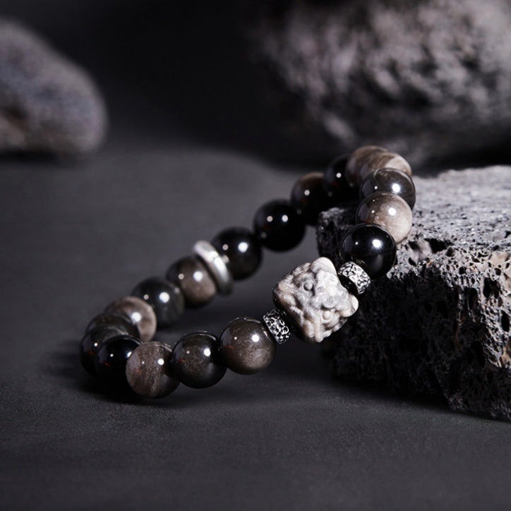 Awakened Lion-Silver Sheen Obsidian Fine Silver Bracelet