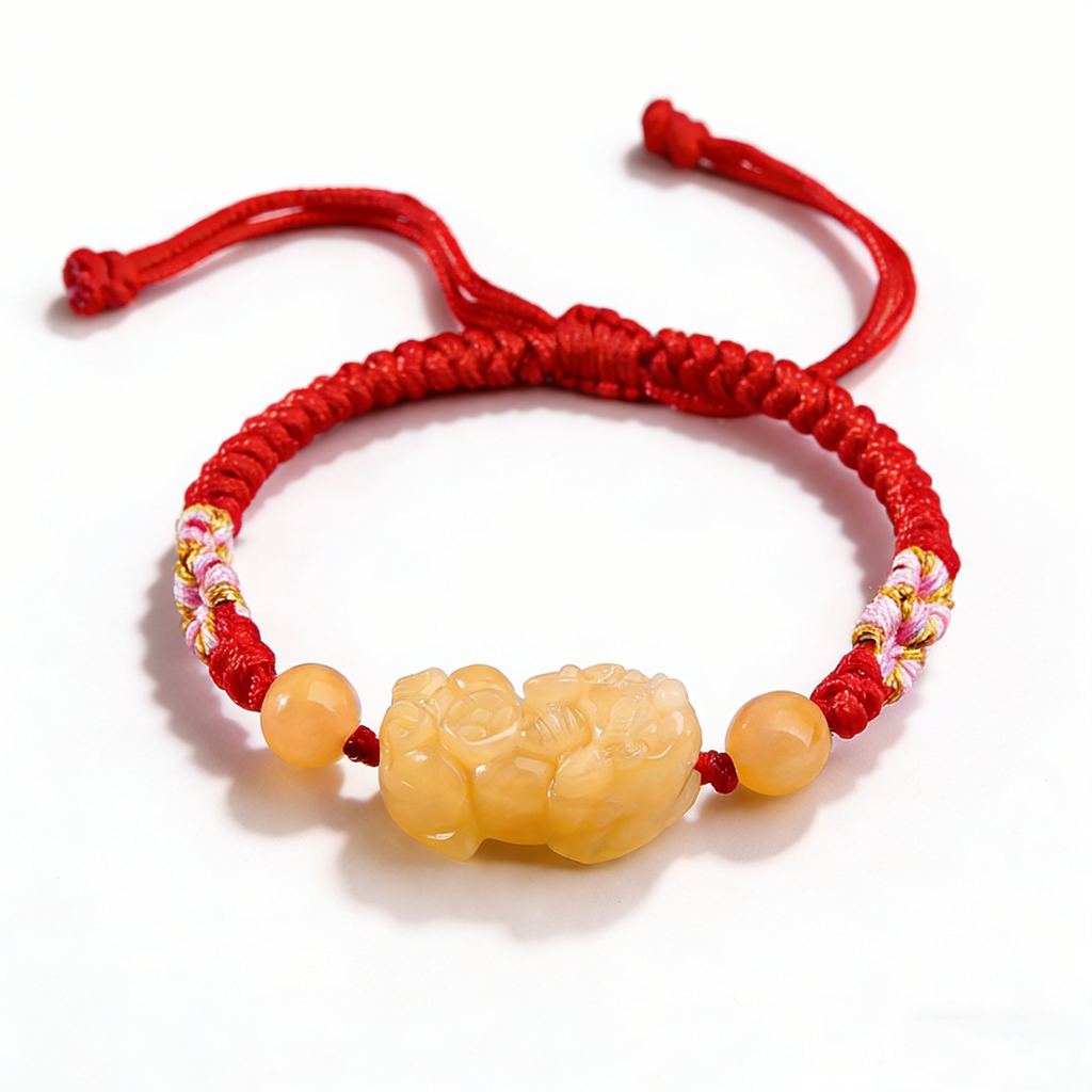 Hand-Woven Golden Silk Jade PiXiu Bracelet – Protection, Peace & Vitality