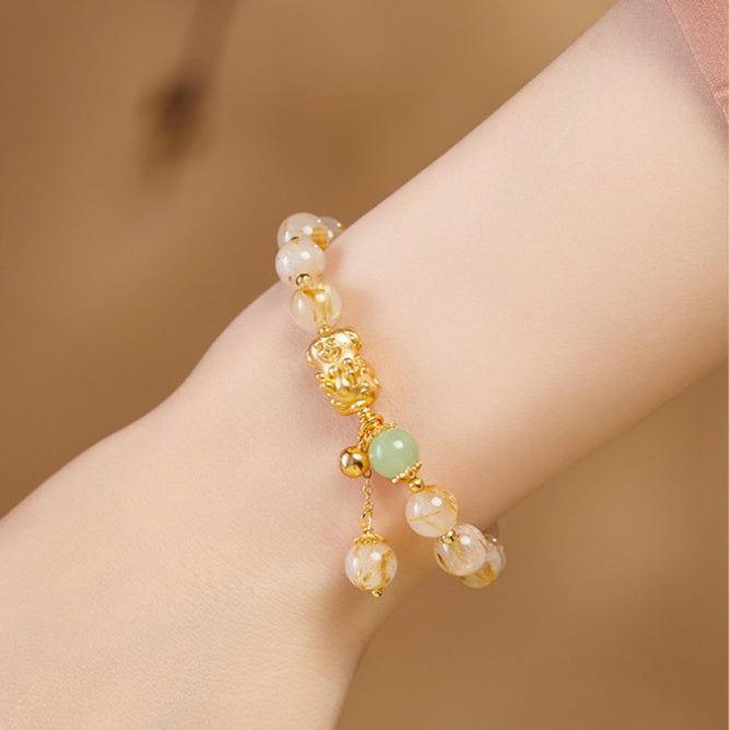 Welcoming Prosperity-Pixiu Gold Rutilated Quartz and Nephrite Jade Beaded Bracelet