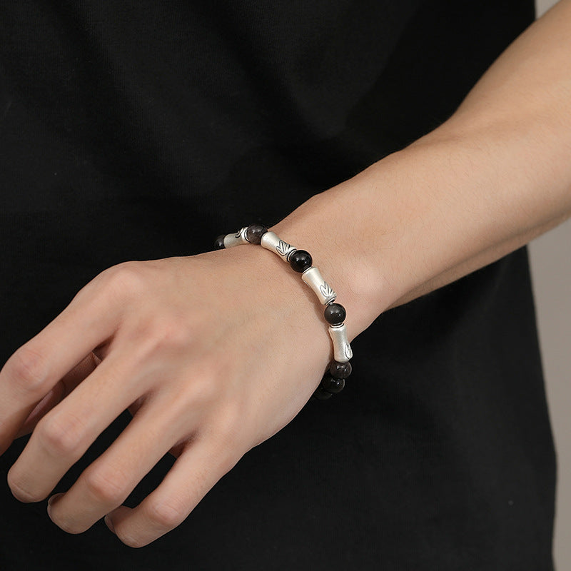 999 Sterling Silver Bamboo Bracelet – Black Obsidian Men’s Bracelet for Success & Steady Growth