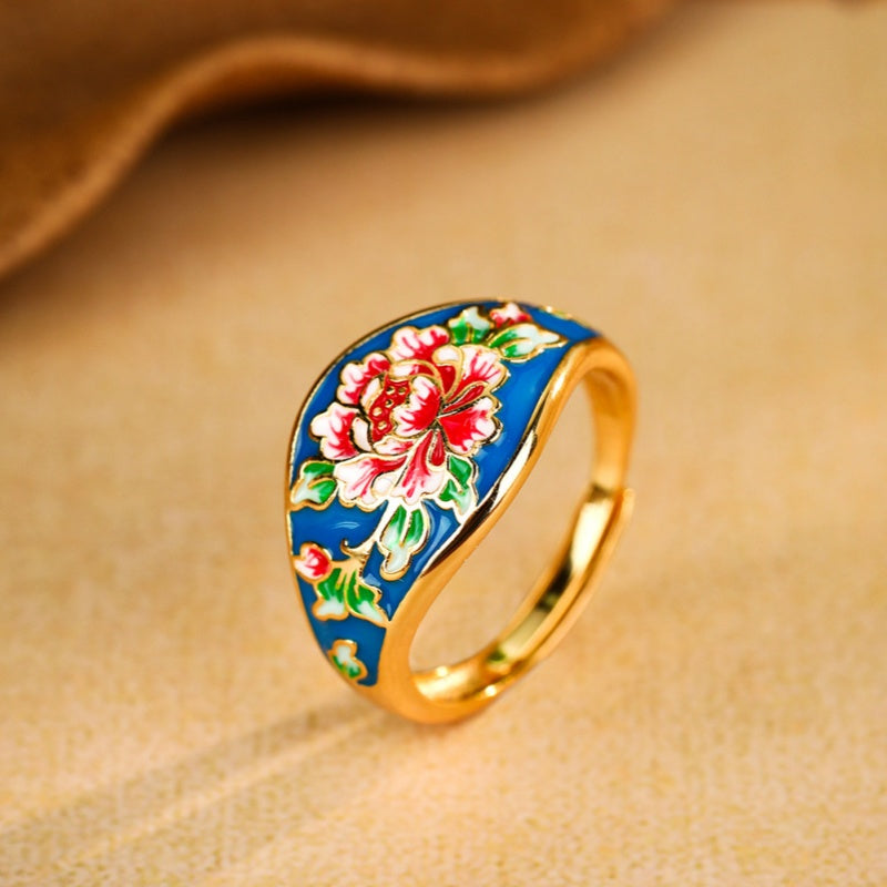 Graceful Bloom-Enamel Flower Gold-Plated Ring