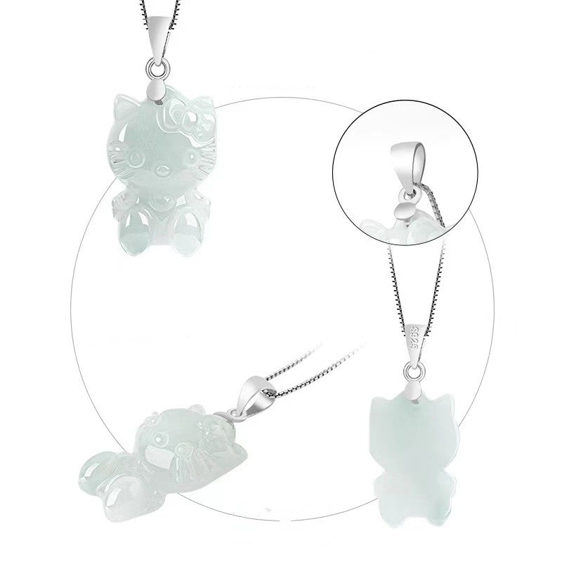 Natural Jade Cat Necklace-Good Fortune and Luck