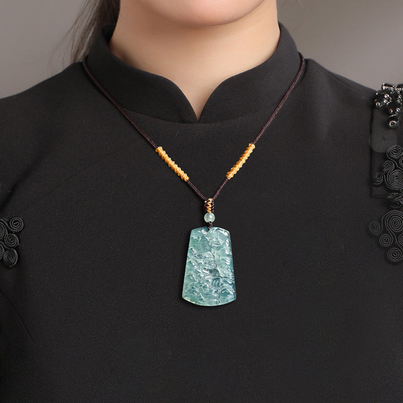 Blue Jadeite Landscape Pendant – Natural A-Grade Glutinous Variety Jade Carving