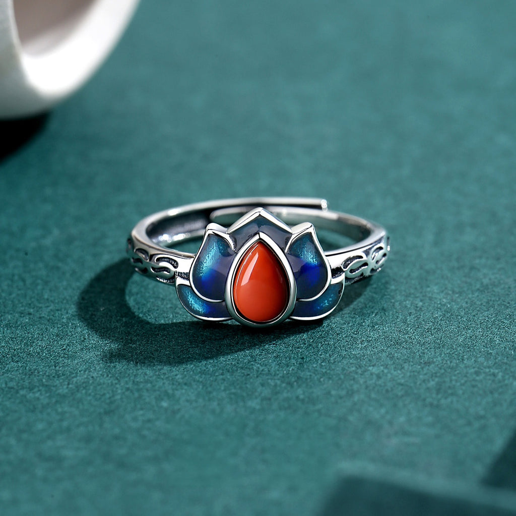 Quiet Elegance-Lotus Blue Enamel & Nanhong Agate Ring