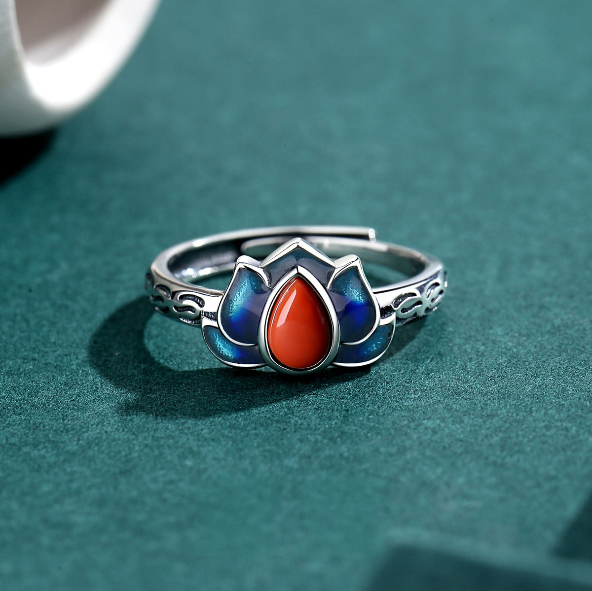 Quiet Elegance-Lotus Blue Enamel & Nanhong Agate Ring