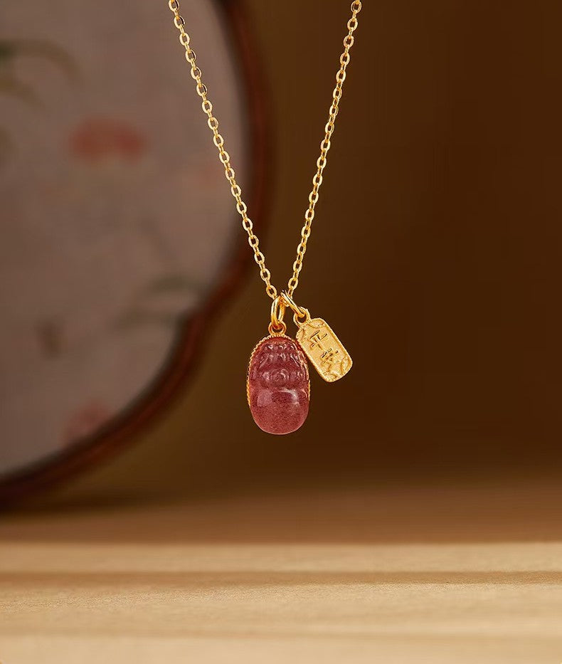 Strawberry Quartz Pixiu & Peace Amulet Pendant Necklace -Attract Luck& Peace