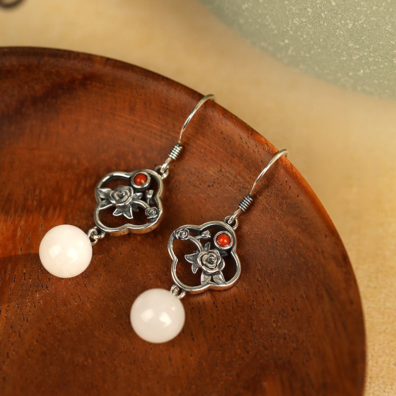 Rose Nephrite Jade Drop Earrings-A Quiet Romance