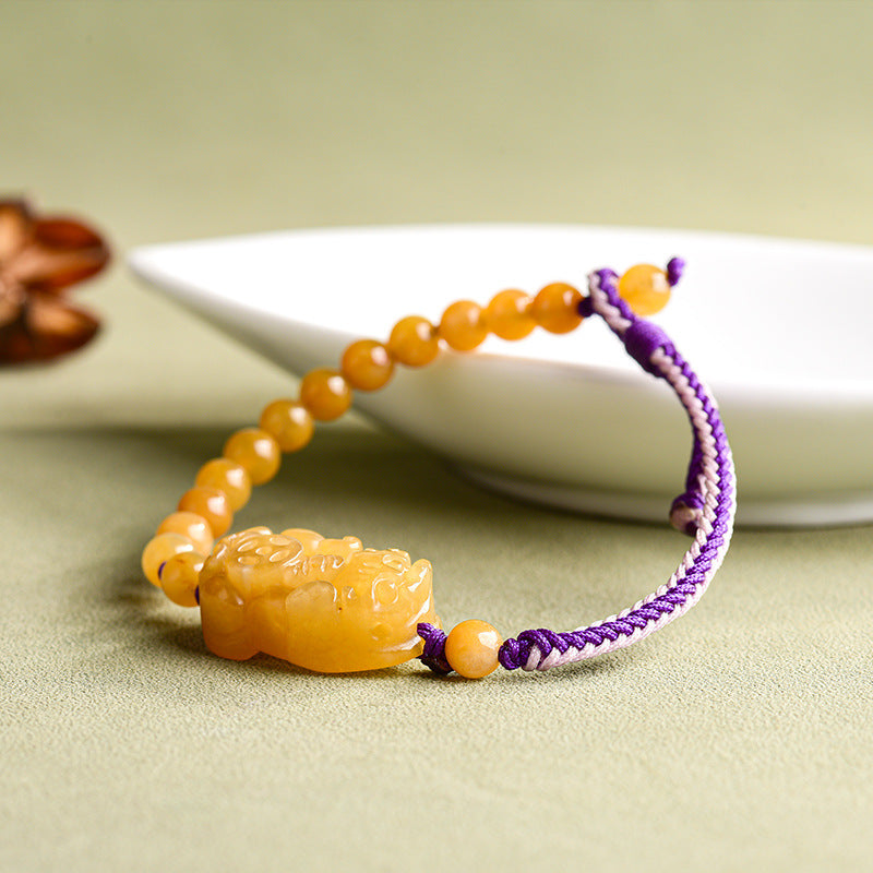 Natural Golden Silk Jade PiXiu Prosperity Hand-Woven Bracelet