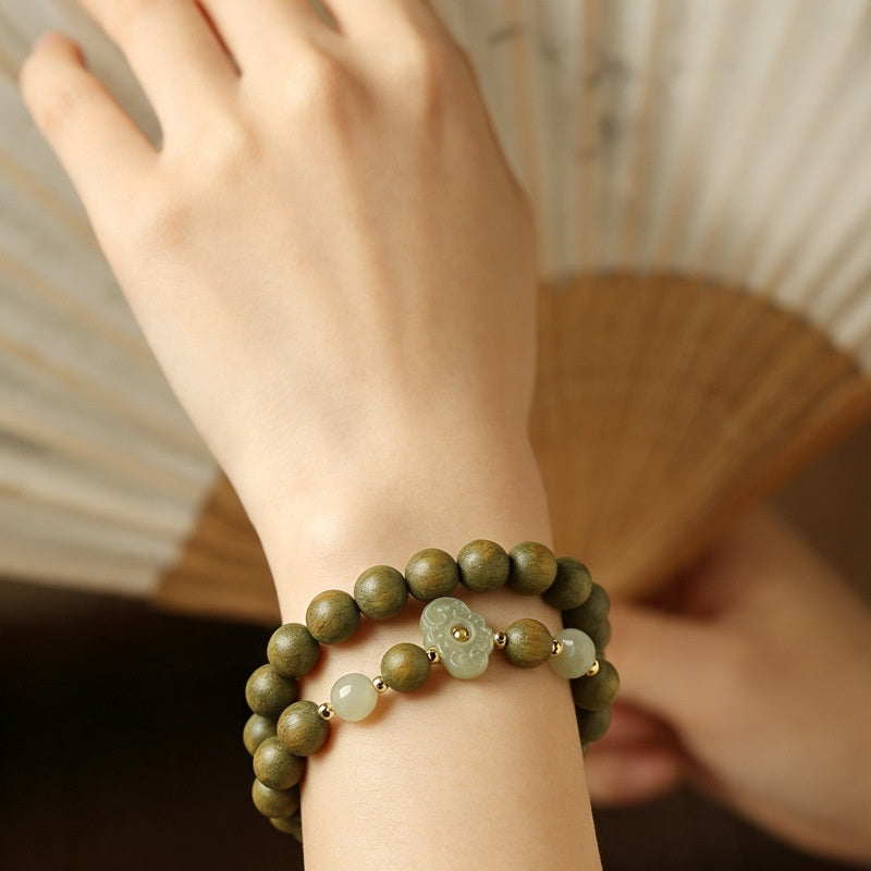Nephrite Jade Ruyi Green Sandalwood Double-Wrap Bracelet-Quiet Alignment