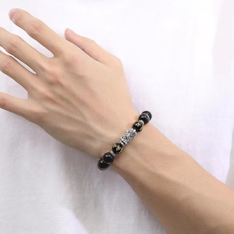 999 Silver Pixiu Black Obsidian Bracelet-Attract Luck