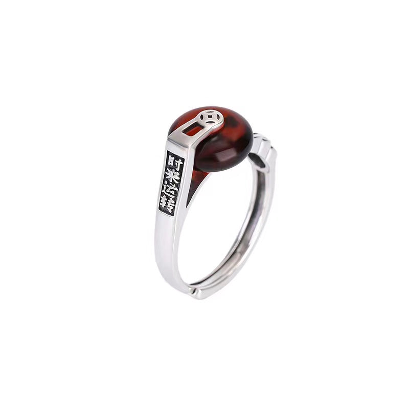 Red Amber Wealth Coin Silver Ring-Luck Prosperity