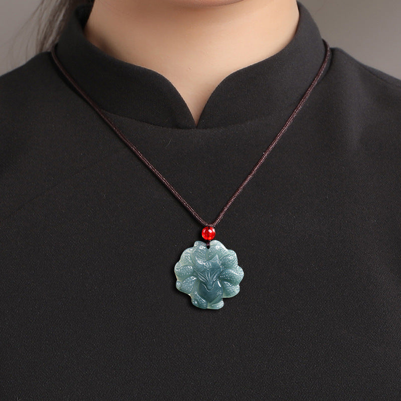 Nine-Tailed Fox Natural Blue Jadeite Pendant – Genuine A Jade Necklace in Glutinous Variety