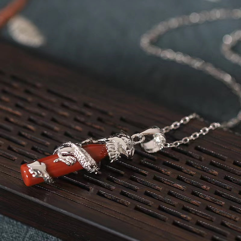 Ancient Dragon Pillar Agate Silver Necklace-Fortune Prosperity