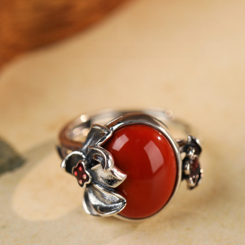 Crimson Bloom-Lotus Red Agate S925 Silver Ring