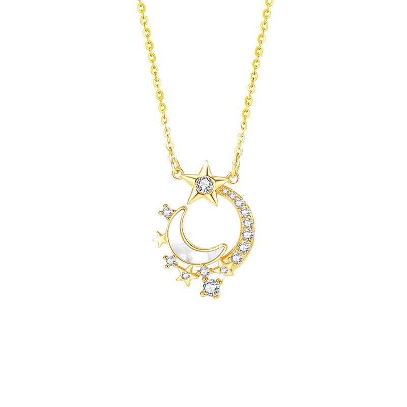 Crescent Moon Star Mother-of-Pearl Pendant Necklace-Dreamlit Reverie