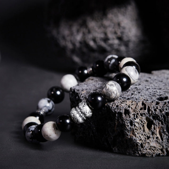 Lotus Blooming-999 Fine Silver Lotus Obsidian Jasper Beaded Bracelet