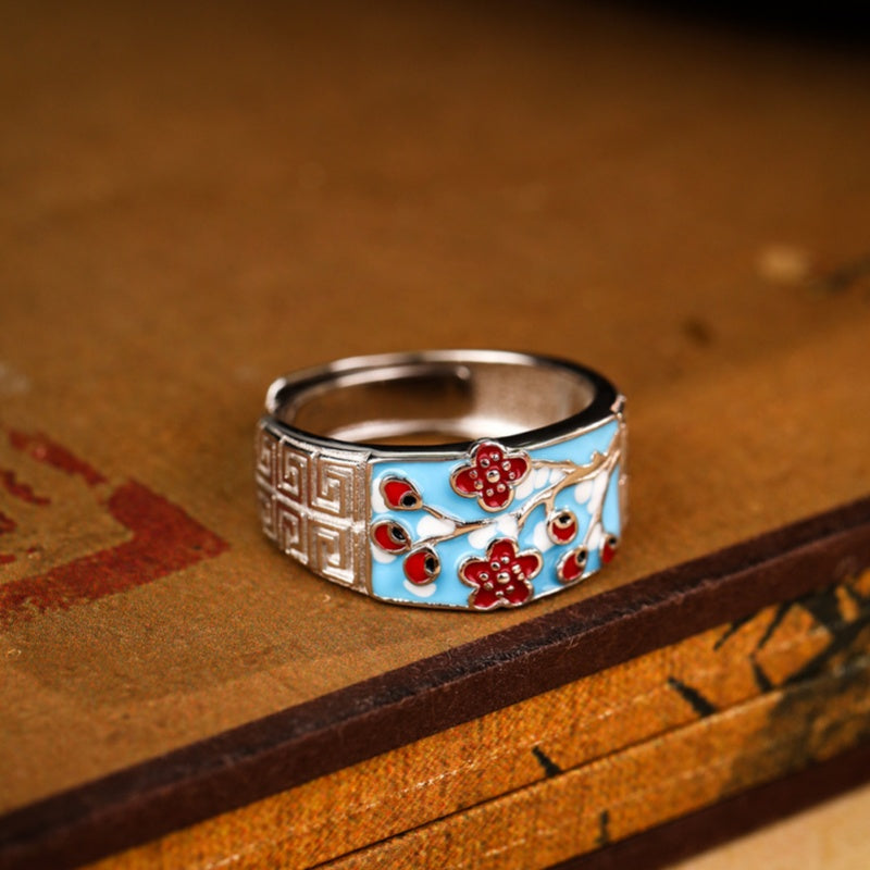 Winter Plum Blossom Enamel S925 Silver Adjustable Ring-Quiet Resilience