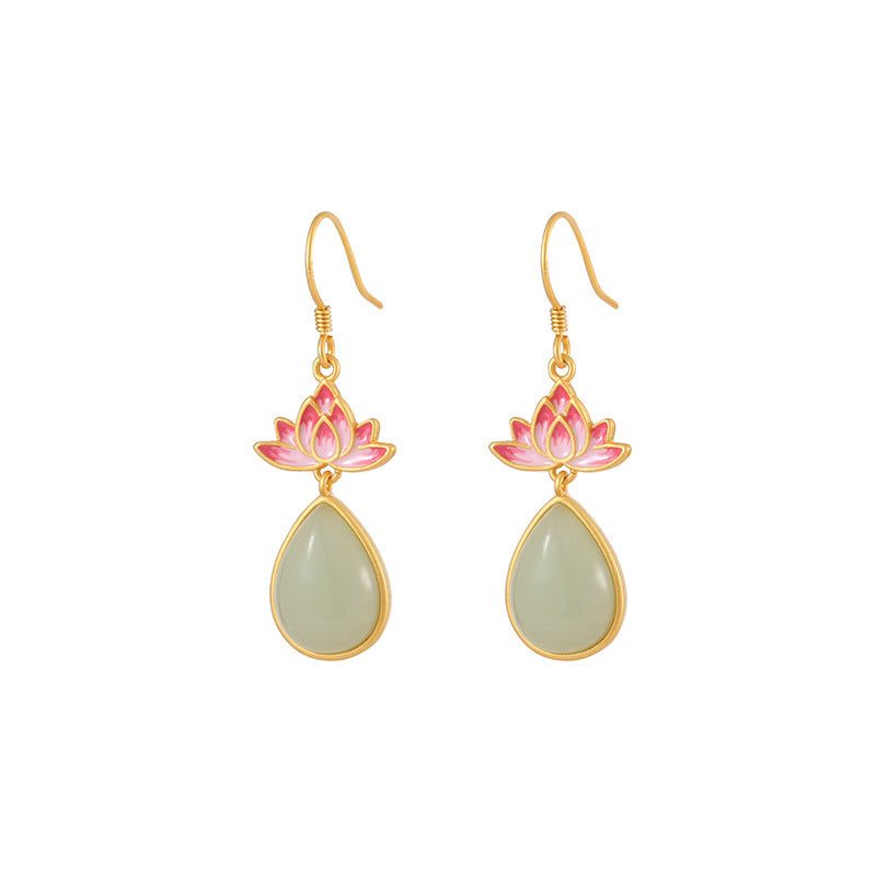 Lotus Nephrite Jade Drop Earrings-Unblemished Grace