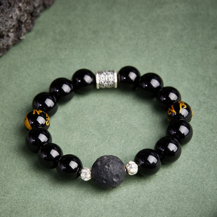 Six-Syllable Mantra Obsidian and Black Agate Bracelet-Steadfast Devotion and Inner Strength