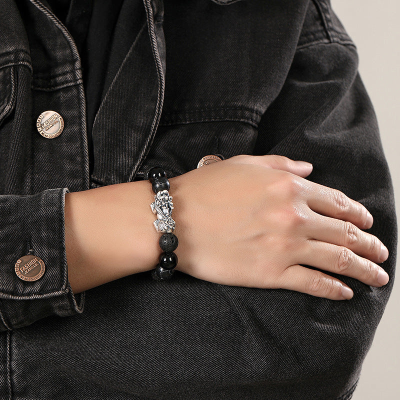 Welcoming Abundance-Pixiu Fine Silver and Obsidian Beaded Bracelet